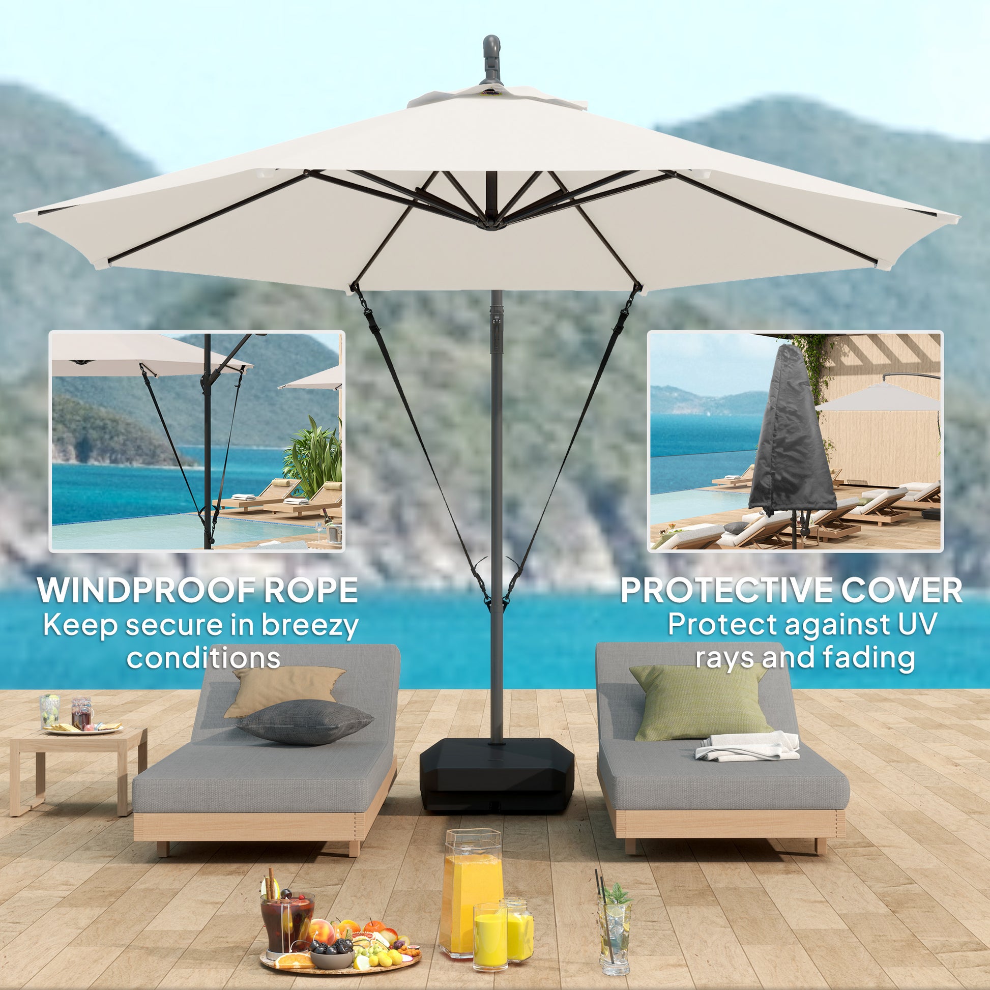 10FT Cantilever Umbrella with Fillable Base, Wind Strap and Cover, Offset Hanging Umbrella with Crank, Cream White