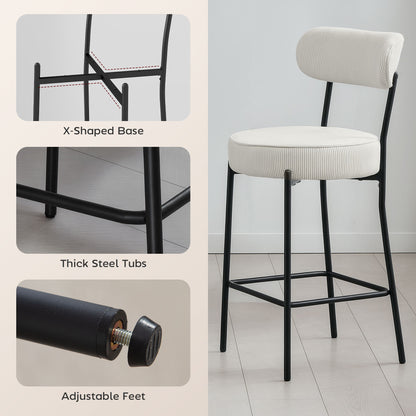Set of 2 Barstools, Upholstered Corduroy Bar Stools with Backrest, Footrest for Kitchen Island, Dining Room, Cream White