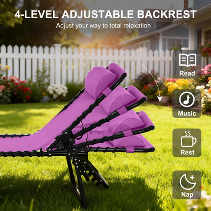 Outdoor Folding Lounge Chair, 4-Level Adjustable Chaise Lounge with Headrest, Tanning Chair Beach Bed, Reclining Lounger Cot for Camping, Hiking, Backyard, Purple