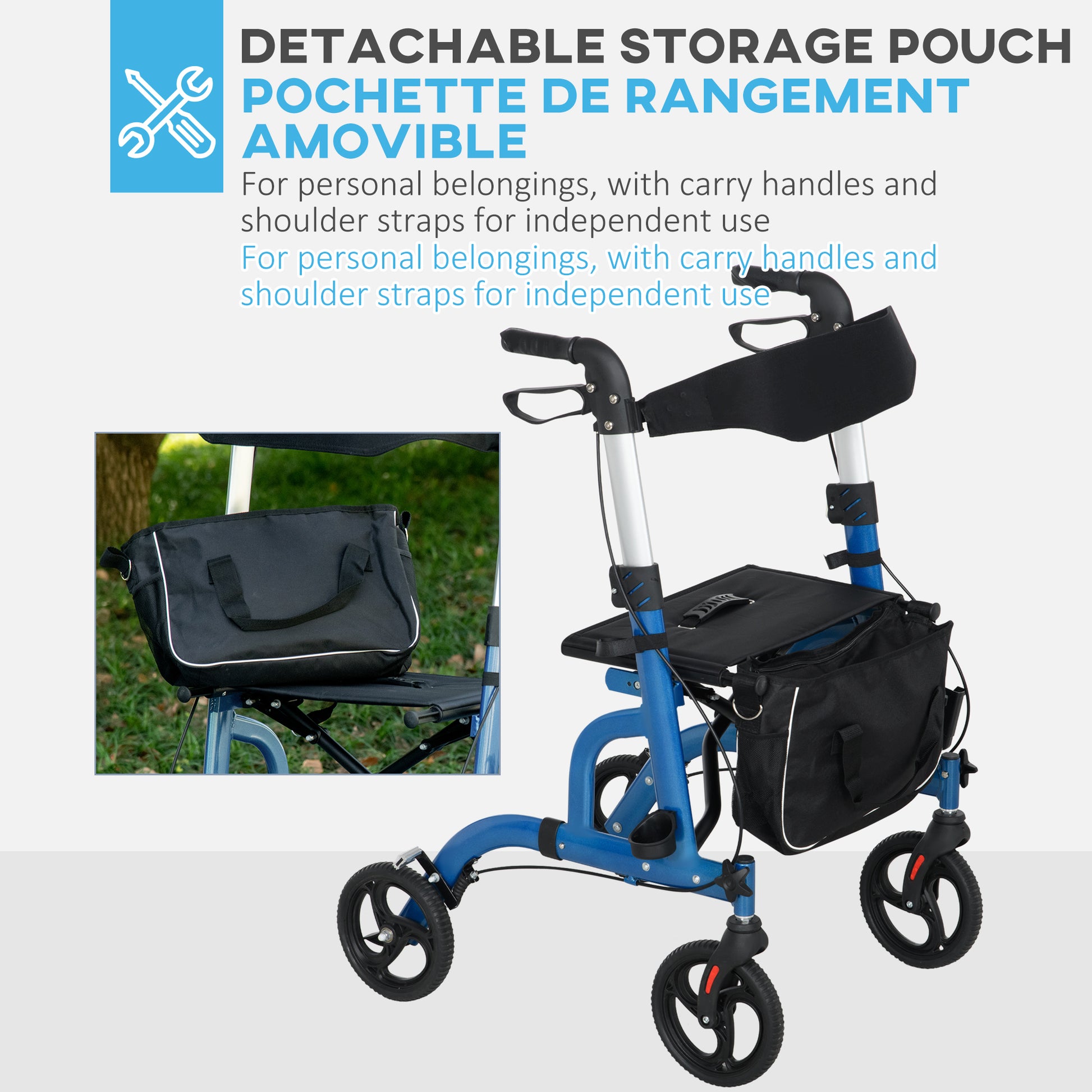 Rollator Walker for Seniors and Adults with 8'' Wheels, Padded Seat and Backrest, Storage Bag Blue