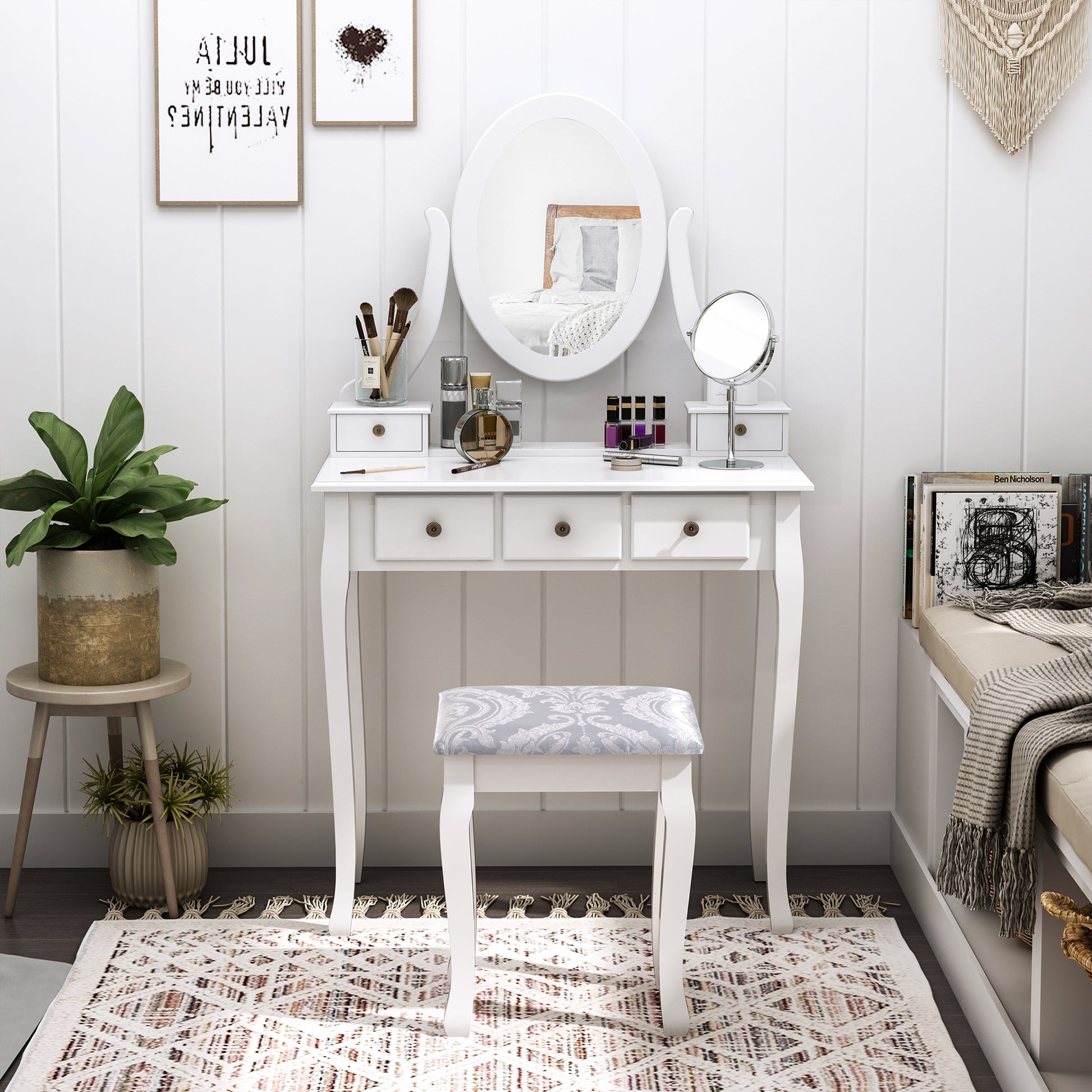 Wooden Vanity Table Set, Makeup Dressing Table with 360° Rotating, 5 Drawers and Padded Stool, White