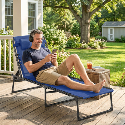 Outdoor Folding Lounge Chair, 4-Level Adjustable Chaise Lounge, Tanning Chair Beach Bed Reclining Lounger Cot for Camping, Hiking, Backyard, Navy Blue