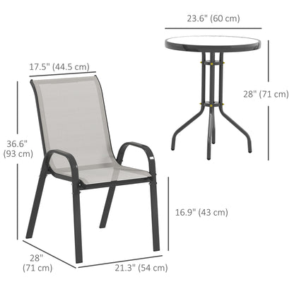 3 Pieces Bistro Set, Small Patio Furniture Set with Stackable Mesh Chairs, Glass Table for Garden, Balcony, Light Grey
