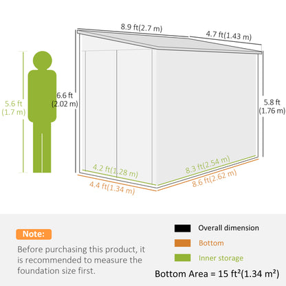 4.6' x 9' Steel Outdoor Storage Shed, Lean to Shed, Metal Tool House with Foundation Kit, Lockable Doors, Gloves and 2 Air Vents for Backyard, Patio, Lawn, Dark Grey