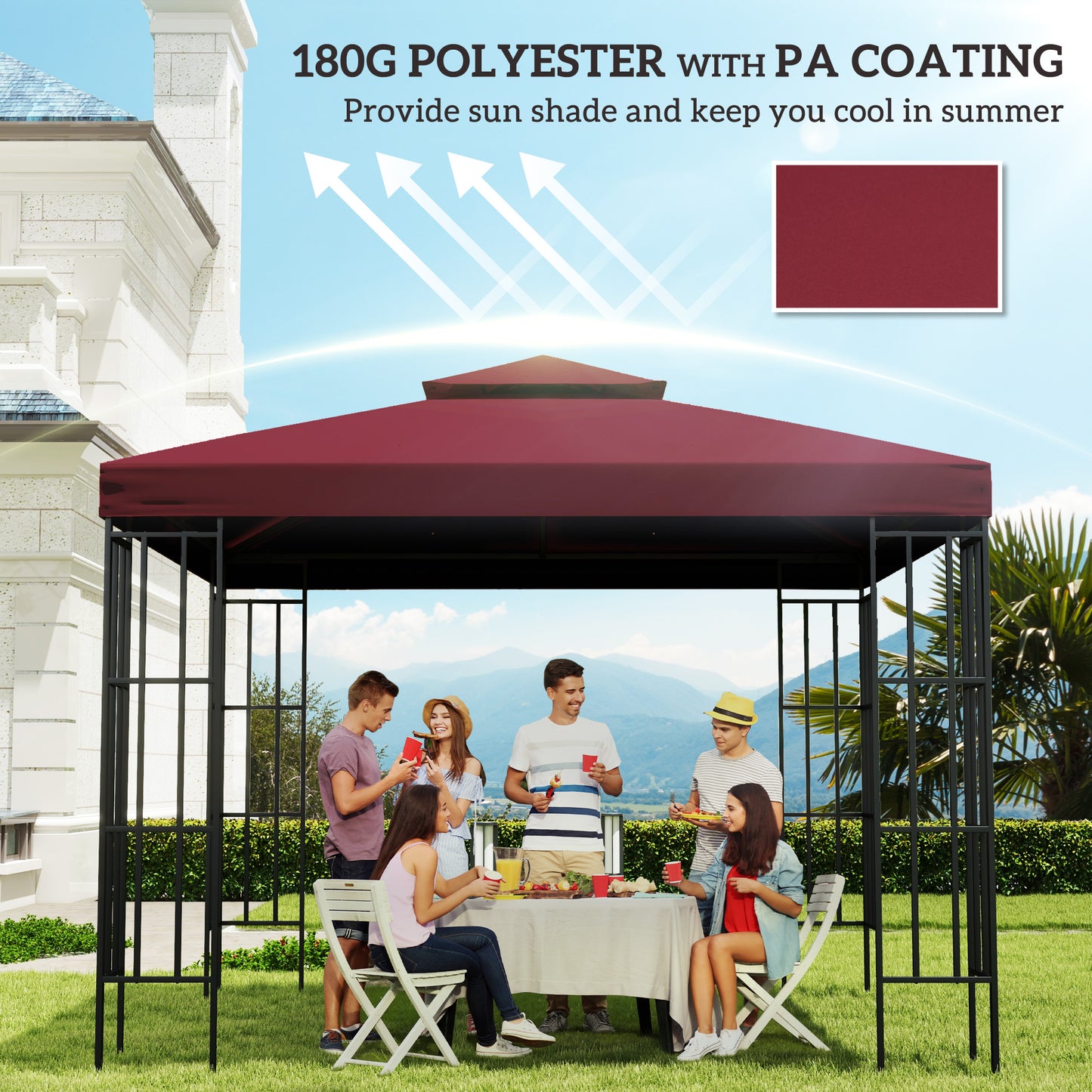 10' x 10' Square 2-Tier Gazebo Canopy Replacement Top Cover Outdoor Garden Sun Shade, Wine Red