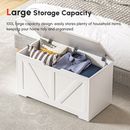 31.5 Inches Storage Chest, Storage Trunk with 2 Safety Hinges, Wooden Box for Living Room, White Wood Grain