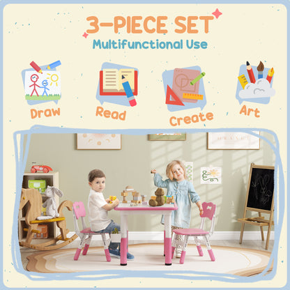 Qaba 3 Pieces Toddler Table and Chair Set, Height Adjustable Kids Table and Chair Set w/ Storage, for Playroom Pink