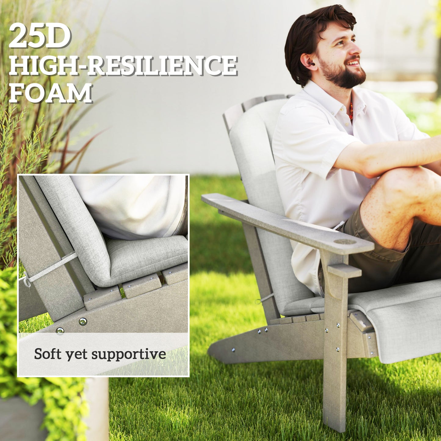 Set of 2 Patio Chair Cushions, High Back Adirondack Chair Cushion with Ties, High-Density Foam, Light Grey