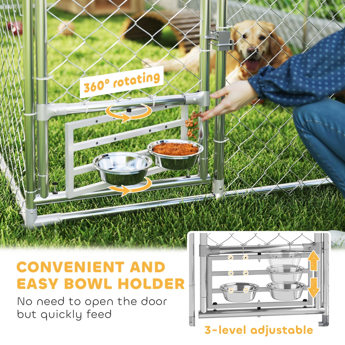 Outdoor Dog Run with Adjustable & Rotatable Bowls, Waterproof UV-Resistant Cover, Escape-Proof Lock, 19.7' x 7.5' x 7.5'