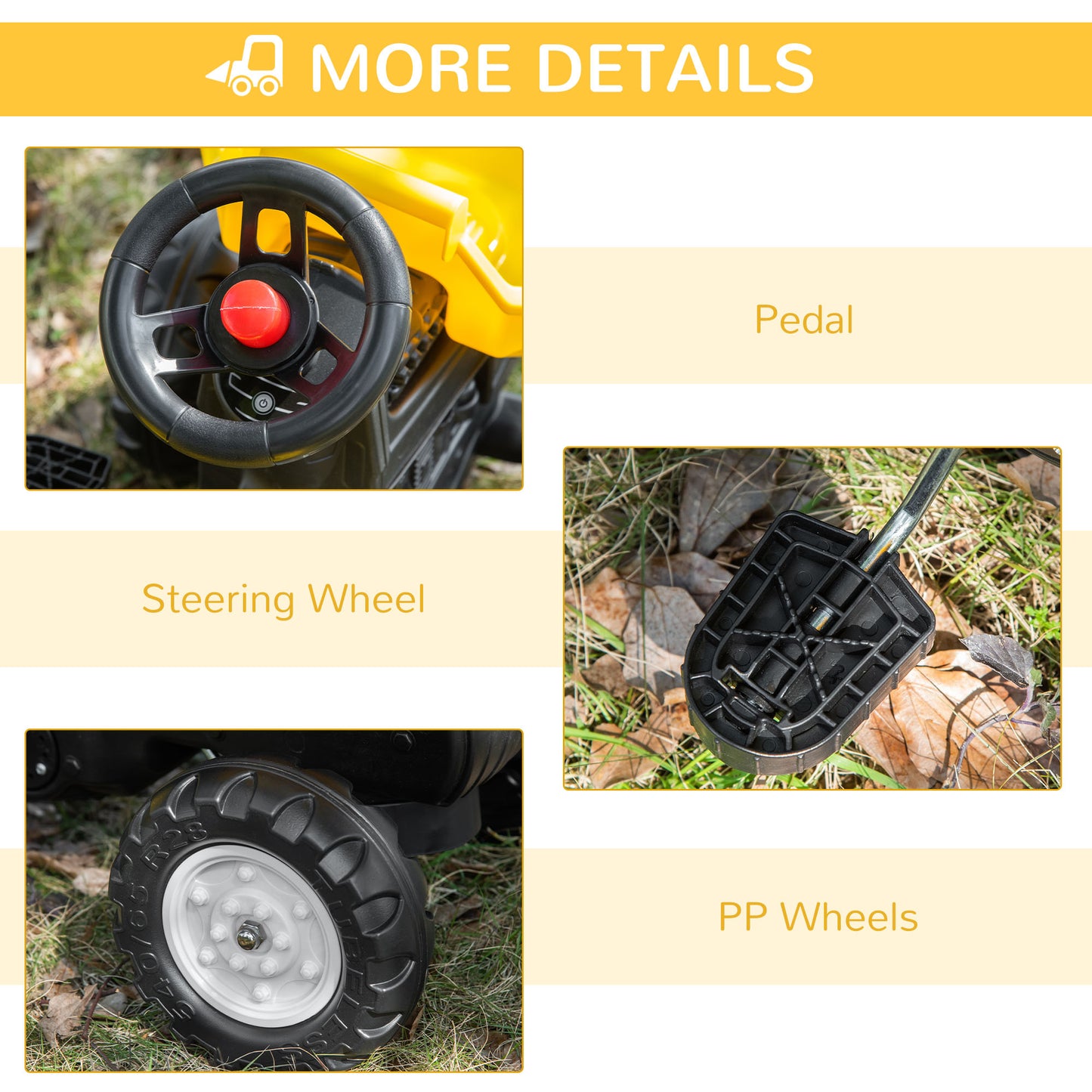 Aosom Ride on Tractor for Kids, Pedal Construction Car with Manual Control Bucket for 3 Year Old, Yellow