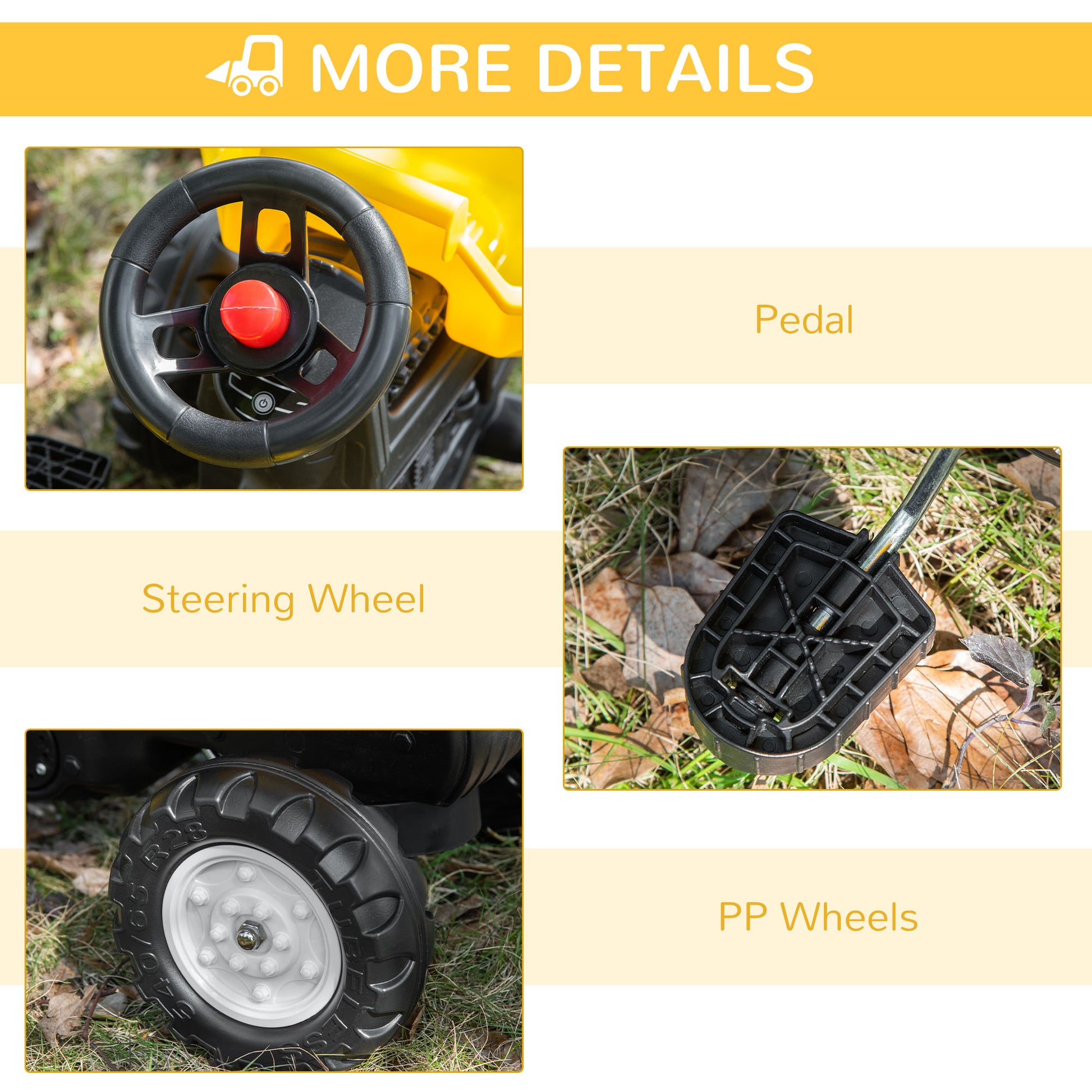 Aosom Ride on Tractor for Kids, Pedal Construction Car with Manual Control Bucket for 3 Year Old, Yellow