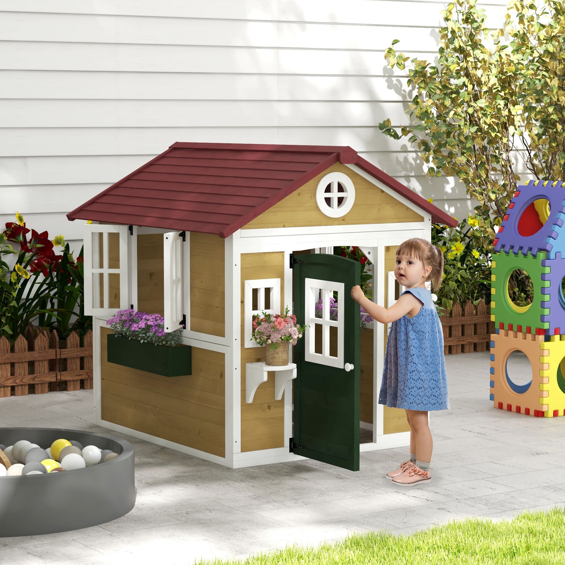 Kids Wooden Outdoor Playhouse for Toddlers aged 3–8, featuring Door, Windows, Planter Pots and Boxes, Garden Cottage Style Backyard Playhouse, Beige