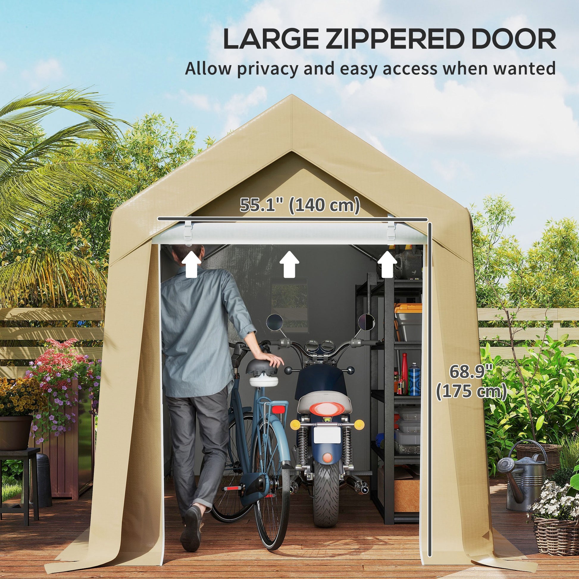 7' x 12' Outdoor Storage Shed Portable Garage with Roll-up Door for Motorcycle, Bike, Garden Tools, Beige