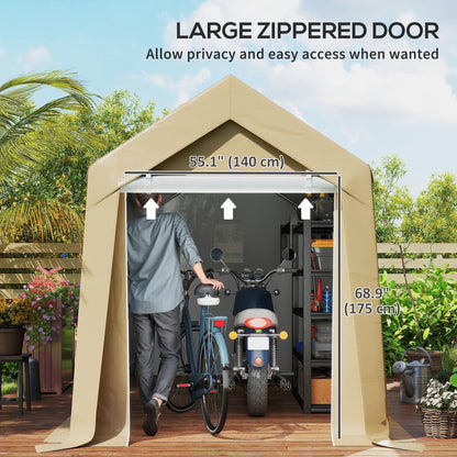 7' x 12' Outdoor Storage Shed Portable Garage with Roll-up Door for Motorcycle, Bike, Garden Tools, Beige