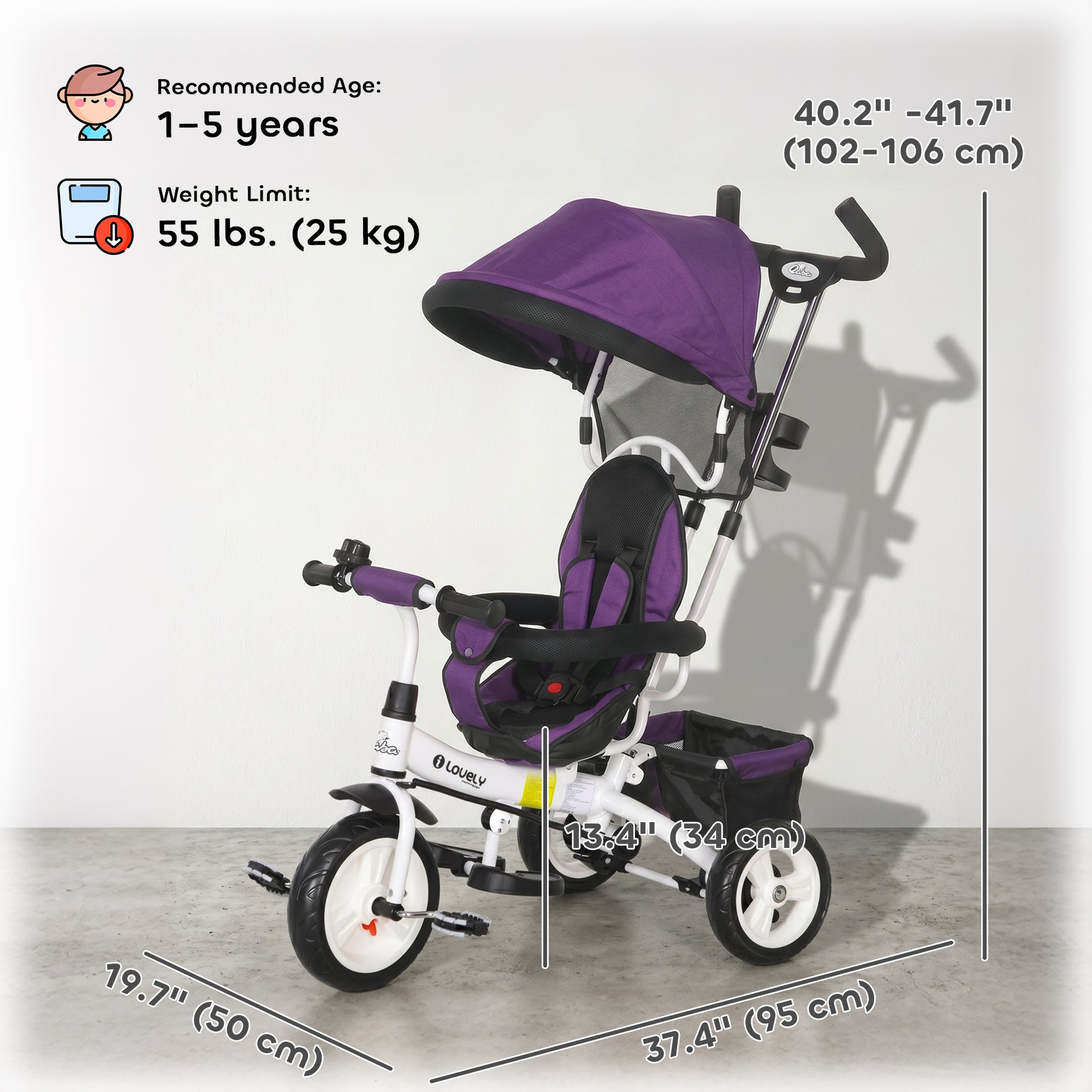 Qaba 6 in 1 Toddler Tricycle Stroller with Basket, Canopy, 5-point Safety Harness, for 12-60 Months, Purple