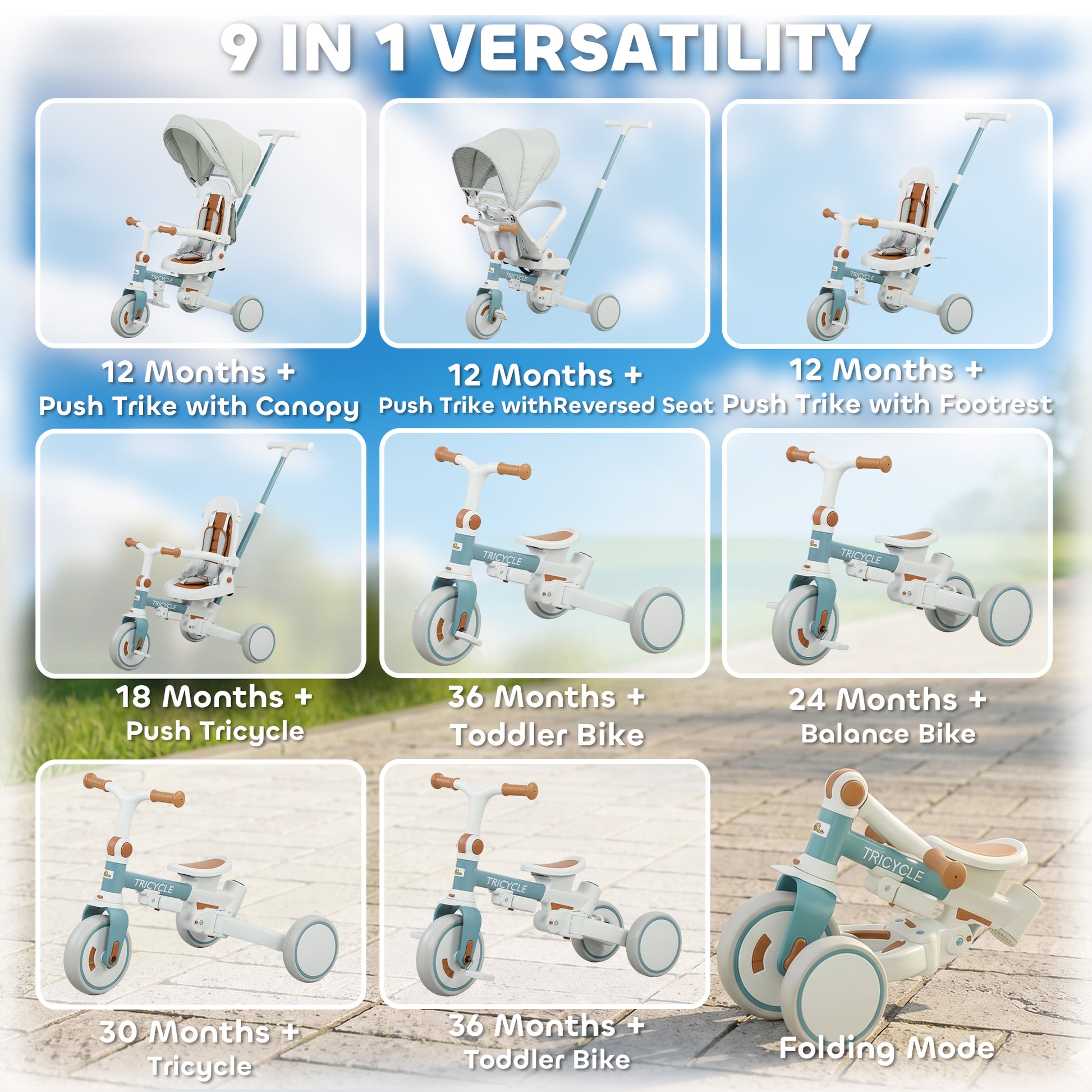 Qaba 9 in 1 Toddler Tricycle with Safety Harness, Adjustable & Removable Parent Handle, Canopy, Storage Bag, Brake, Blue