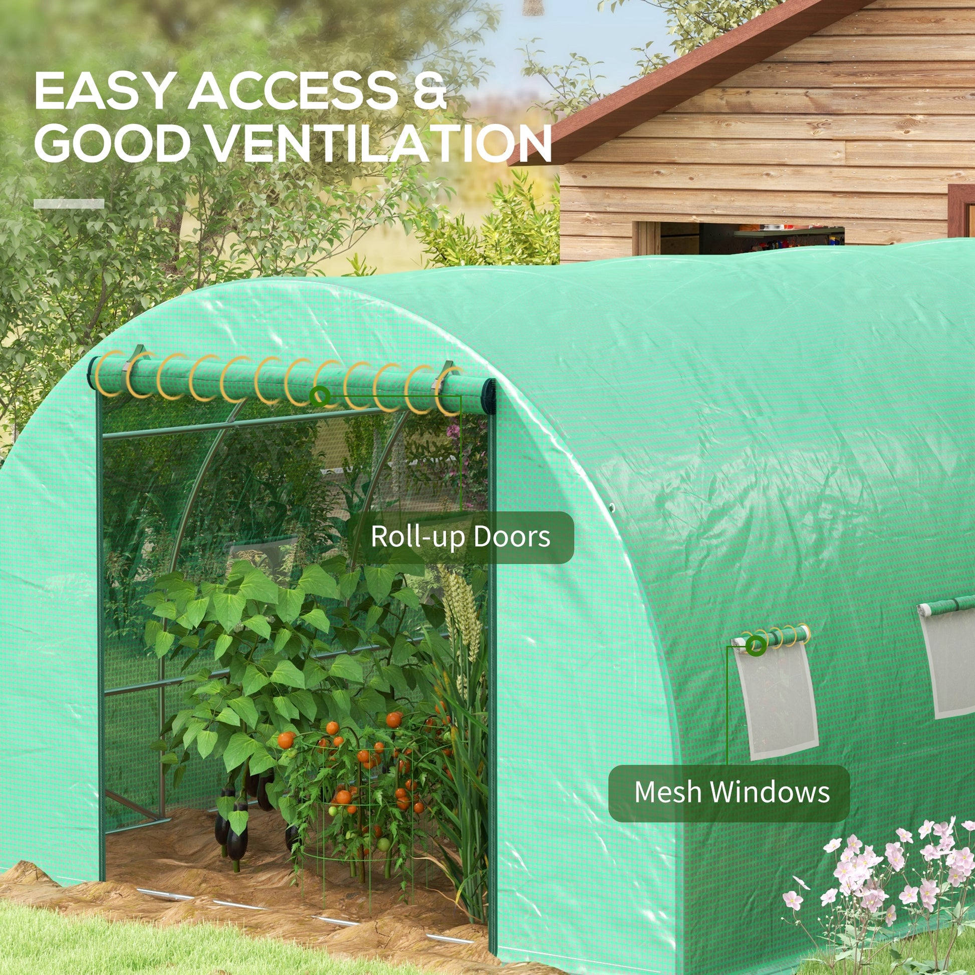 20' x 10' Walk-in Greenhouse with Sprinkler System, Tunnel Green House with Wide Roll-up Door, 12 Mesh Windows, Green