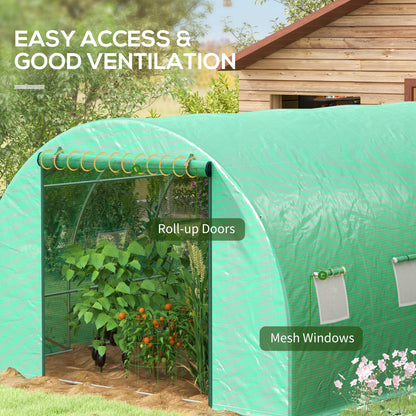20' x 10' Walk-in Greenhouse with Sprinkler System, Tunnel Green House with Wide Roll-up Door, 12 Mesh Windows, Green