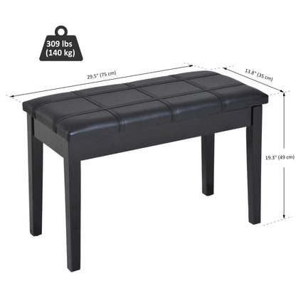 Classic Piano Bench Stool, PU Leather Padded Keyboard Seat with Rubber Wood Legs and Music Storage Compartment, Banded Seat, Black