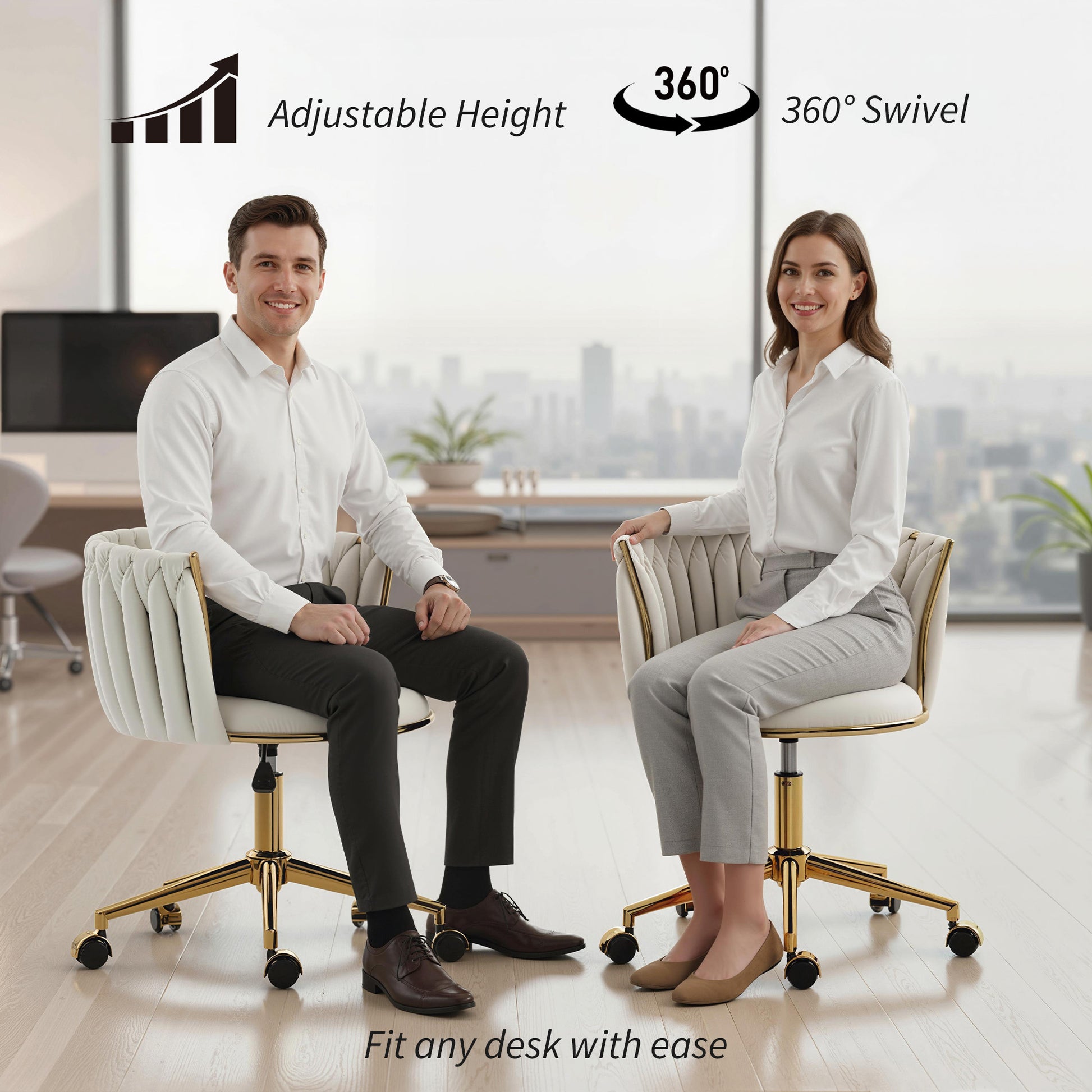 Office Chair, Vanity Chair with Woven Back, Adjustable Height, Rolling Wheels, Cream White
