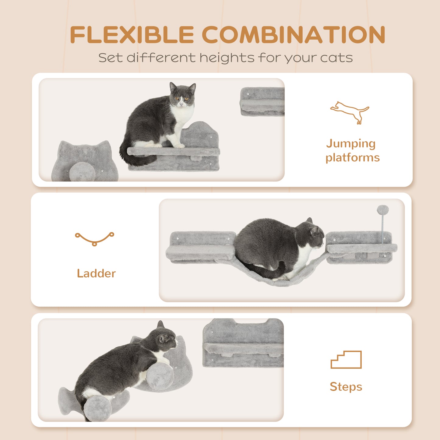 4PCs Cat Wall Shelves with Steps, Scratching Posts, Ladder, Platforms, Toy Balls