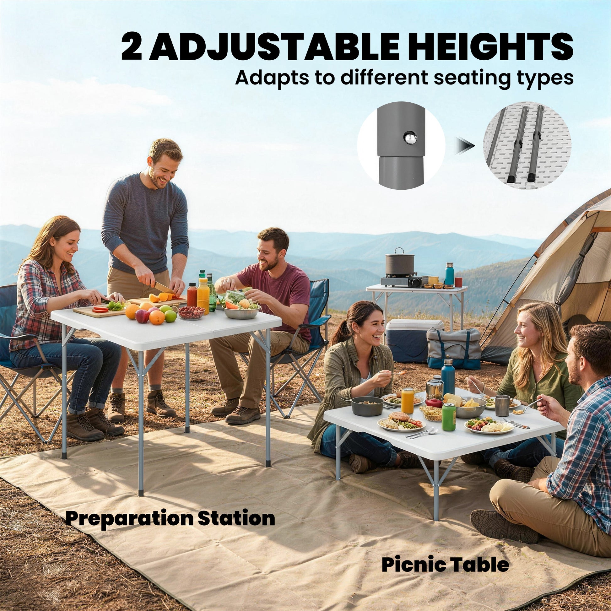 Folding Picnic Table Heavy Duty Camping Table 34" x 34", Indoor Outdoor Use for Picnic, Beach, BBQ, White