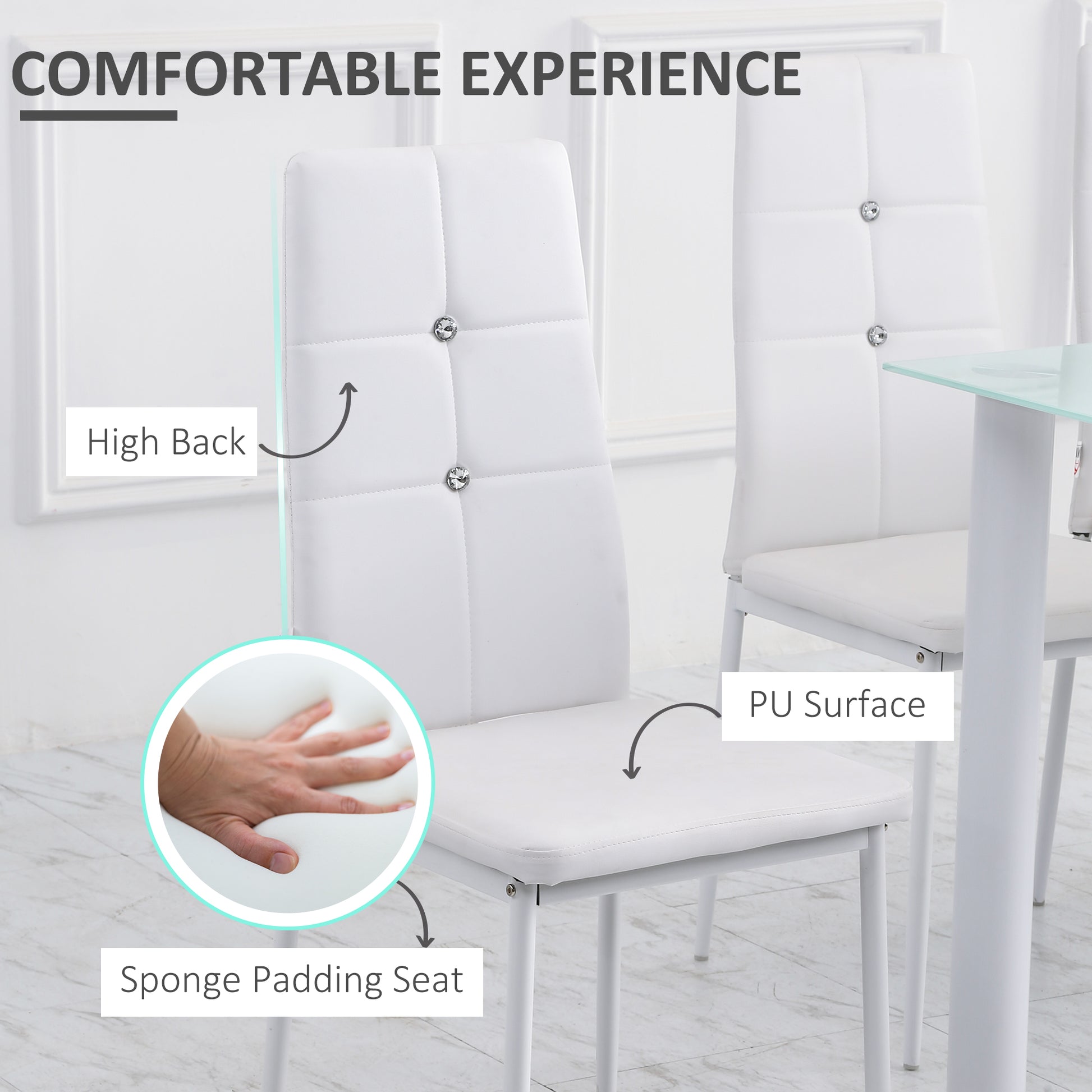 Set of 4 Modern Style Dining Chairs, Button Tufted High Back Side Chairs with Upholstered Seat, Steel Legs, White