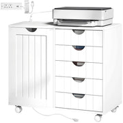 Mobile Lateral Filing Cabinet with 5 Drawers, Printer Stand with Power Outlets and USB Ports for Home Office, White