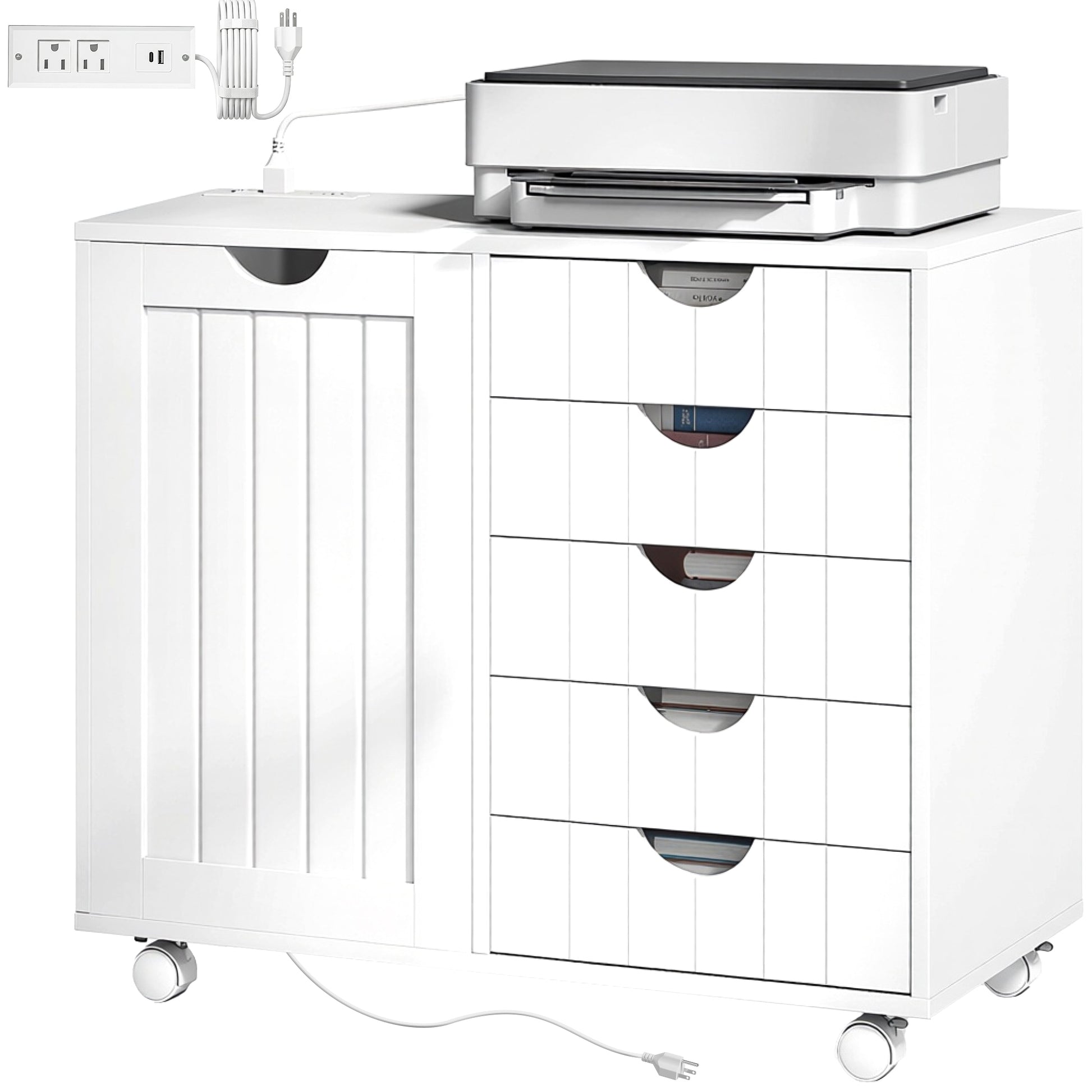 Mobile Lateral Filing Cabinet with 5 Drawers, Printer Stand with Power Outlets and USB Ports for Home Office, White