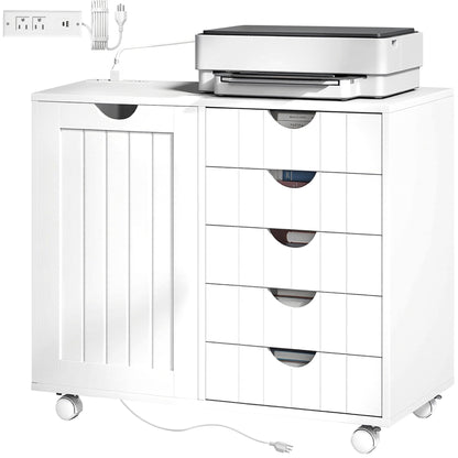 Mobile Lateral Filing Cabinet with 5 Drawers, Printer Stand with Power Outlets and USB Ports for Home Office, White