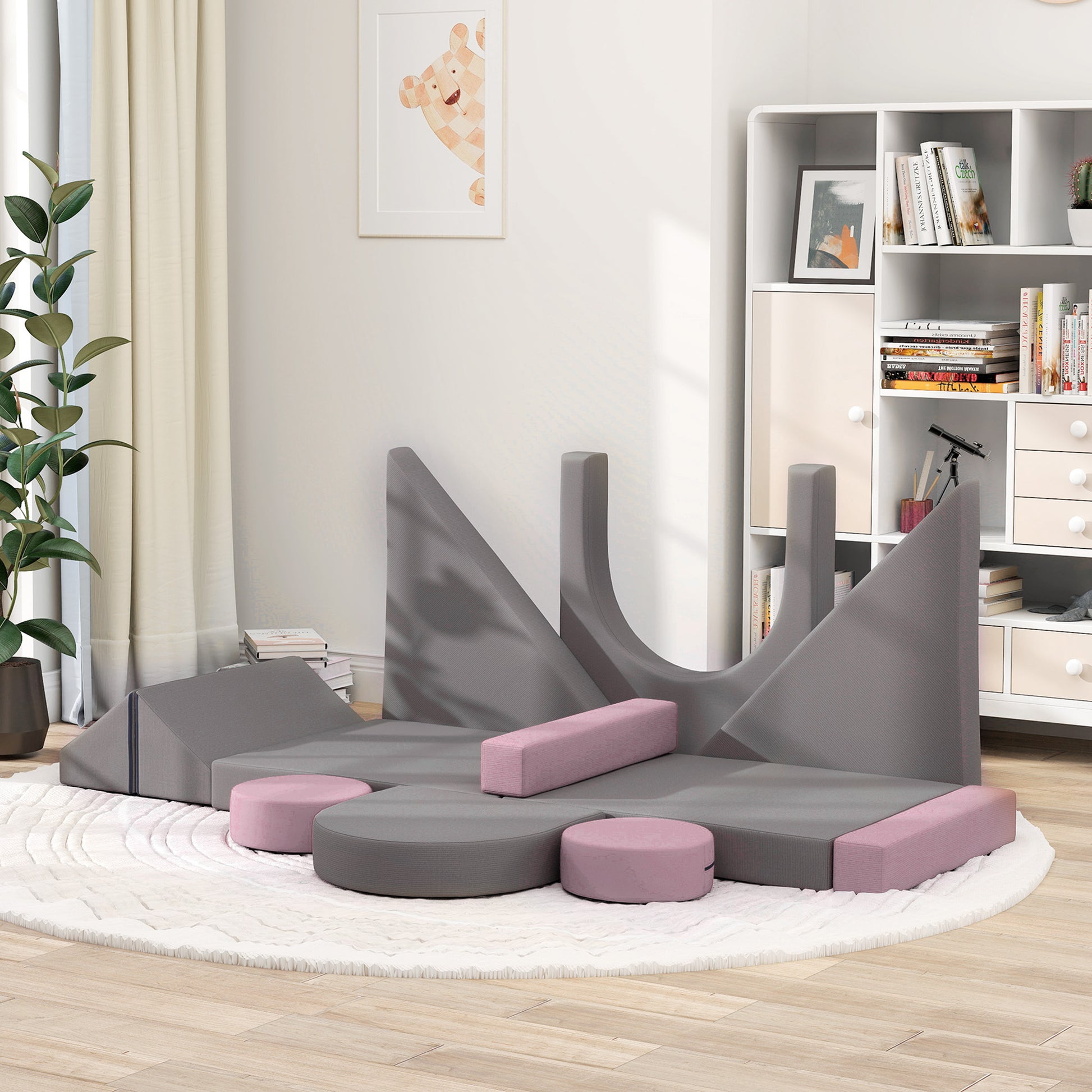 Qaba 12-Piece Modular Kids Play Couch Building Fort for Playroom Bedroom, Convertible Kids Sofa, Grey