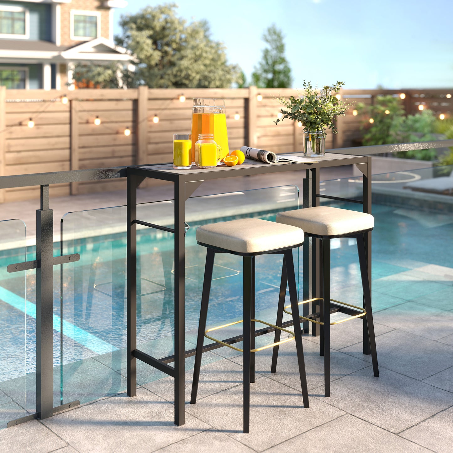 Bar Height Outdoor Table with Built-In Bottle Opener, Patio Bar Table with Wood Grain Plastic Top, 47.2" x 15" x 39"