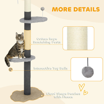 88.5"-100.5" Floor to Ceiling Cat Tree, Cat Tower with Scratching Posts, Cloud Shaped Platforms, Dangling Balls, Grey
