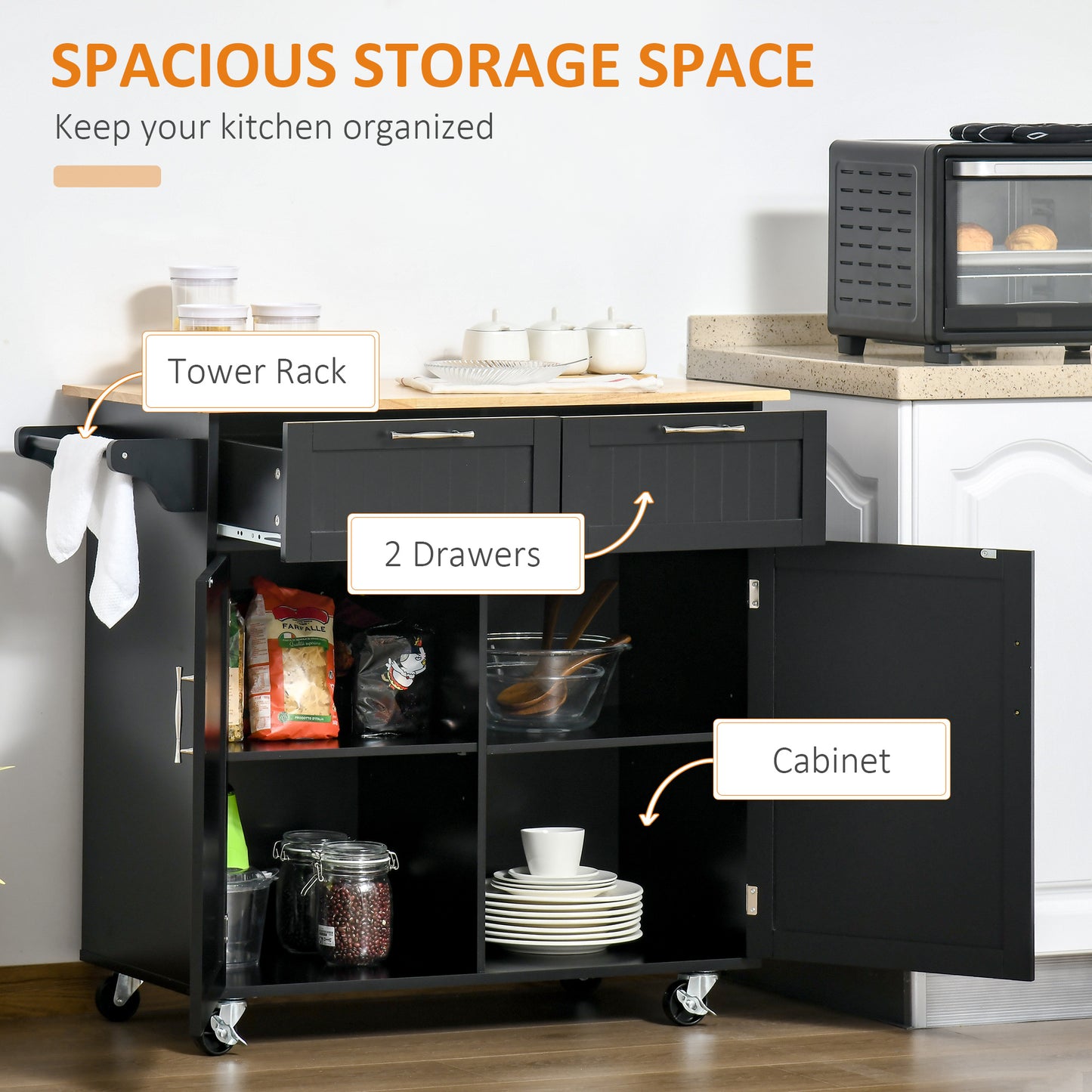 Rolling Kitchen Island, Kitchen Cart on Wheels with 2 Storage Drawers, 2 Door Cabinets and Towel Rack for Dining Room (Black, 2-Doors)