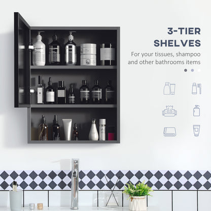 Bathroom Medicine Cabinet, Wall-Mounted Mirror Cabinet with Single Door, Storage Shelves and Stainless Steel Frame for Laundry Room, Black