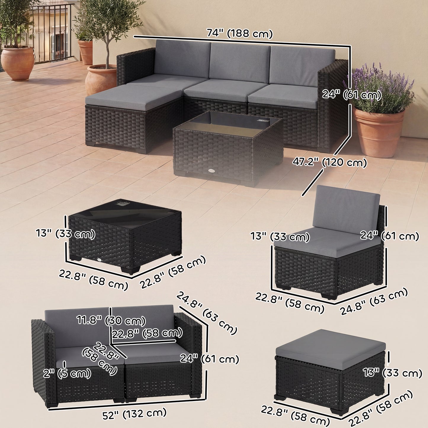 5 Piece Patio Furniture Set, L-Shape Wicker Outdoor Sectional with 3 Chairs, Ottoman, Glass Table, Cushions, Grey