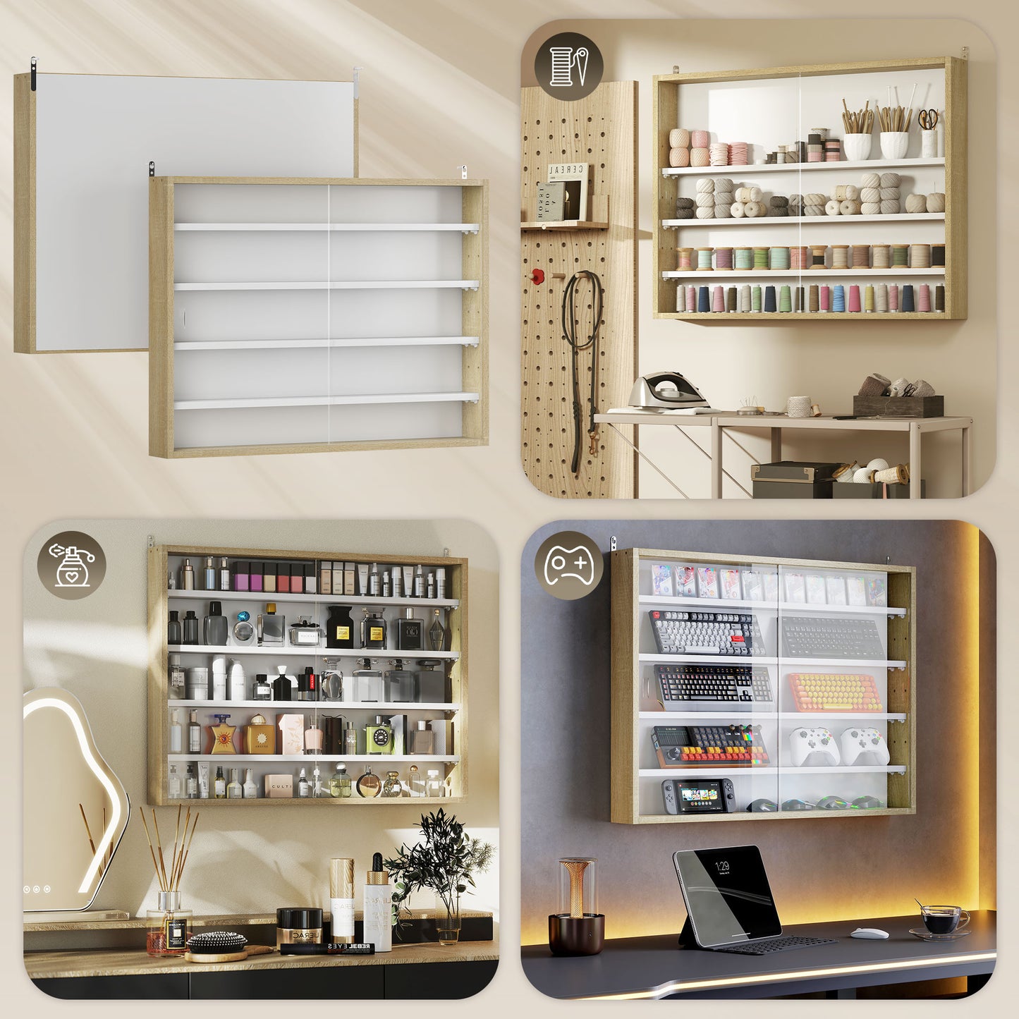 5-Tier Display Cabinet, Shot Glass Display Case, Glass Curio Cabinet with 2 Glass Doors and 4 Adjustable Shelves, Oak