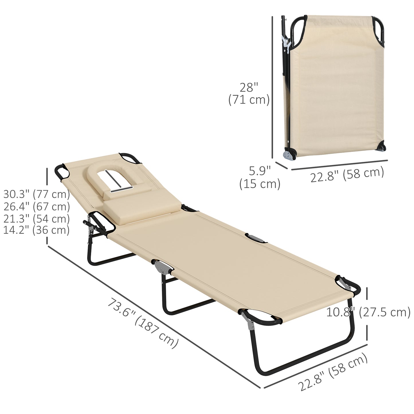 Folding Lounge Chair Set of 2, Reclining Beach Tanning Chair with Face Hole, Pillow, 4-Position Adjustable Flat Sun Lounger, Steel Frame for Outdoor Patio Pool, Beige