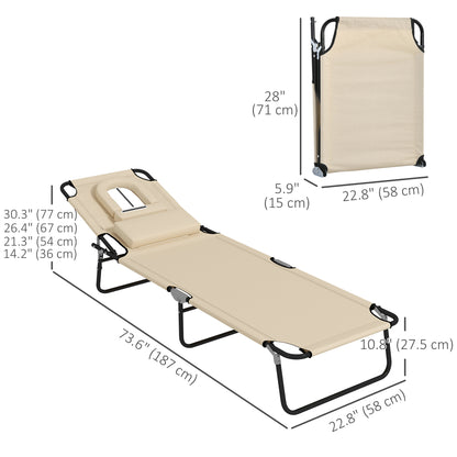 Folding Lounge Chair Set of 2, Reclining Beach Tanning Chair with Face Hole, Pillow, 4-Position Adjustable Flat Sun Lounger, Steel Frame for Outdoor Patio Pool, Beige
