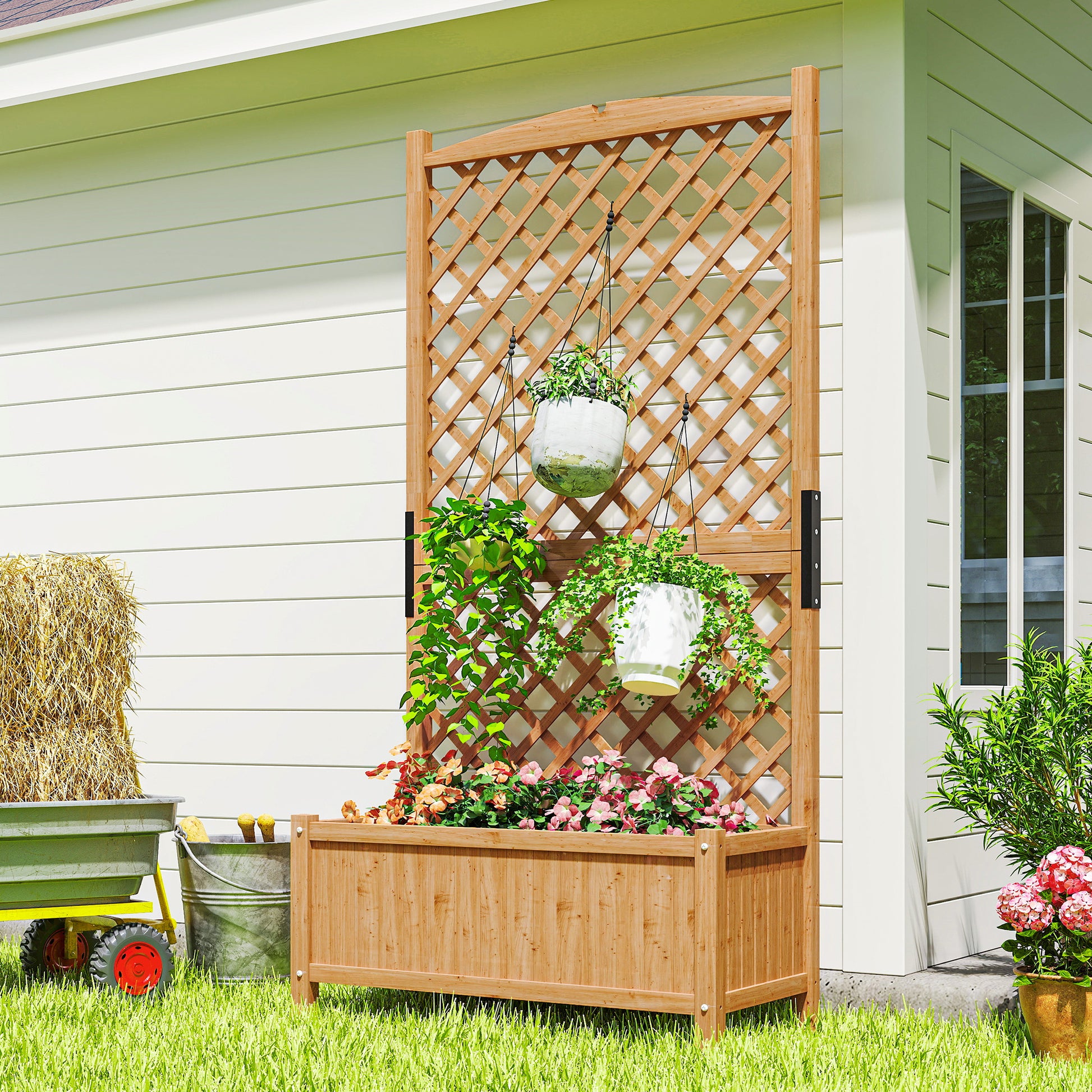 Raised Garden Bed with Trellis, Wooden Raised Planter Box with Elevated Raised Bed, 35.4" x 17.7" x 70.9", Yellow
