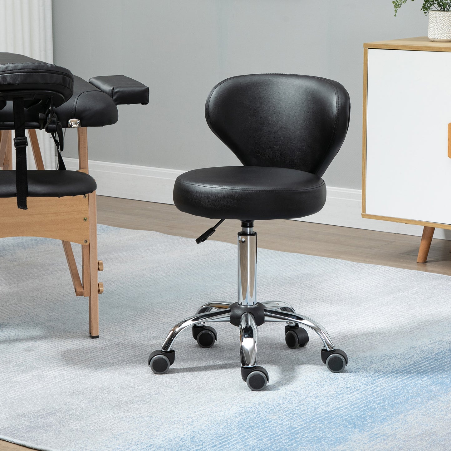 Adjustable Swivel Salon Stool with Backrest and Wheels, Office & Living Room Chair, Synthetic Leather, Black