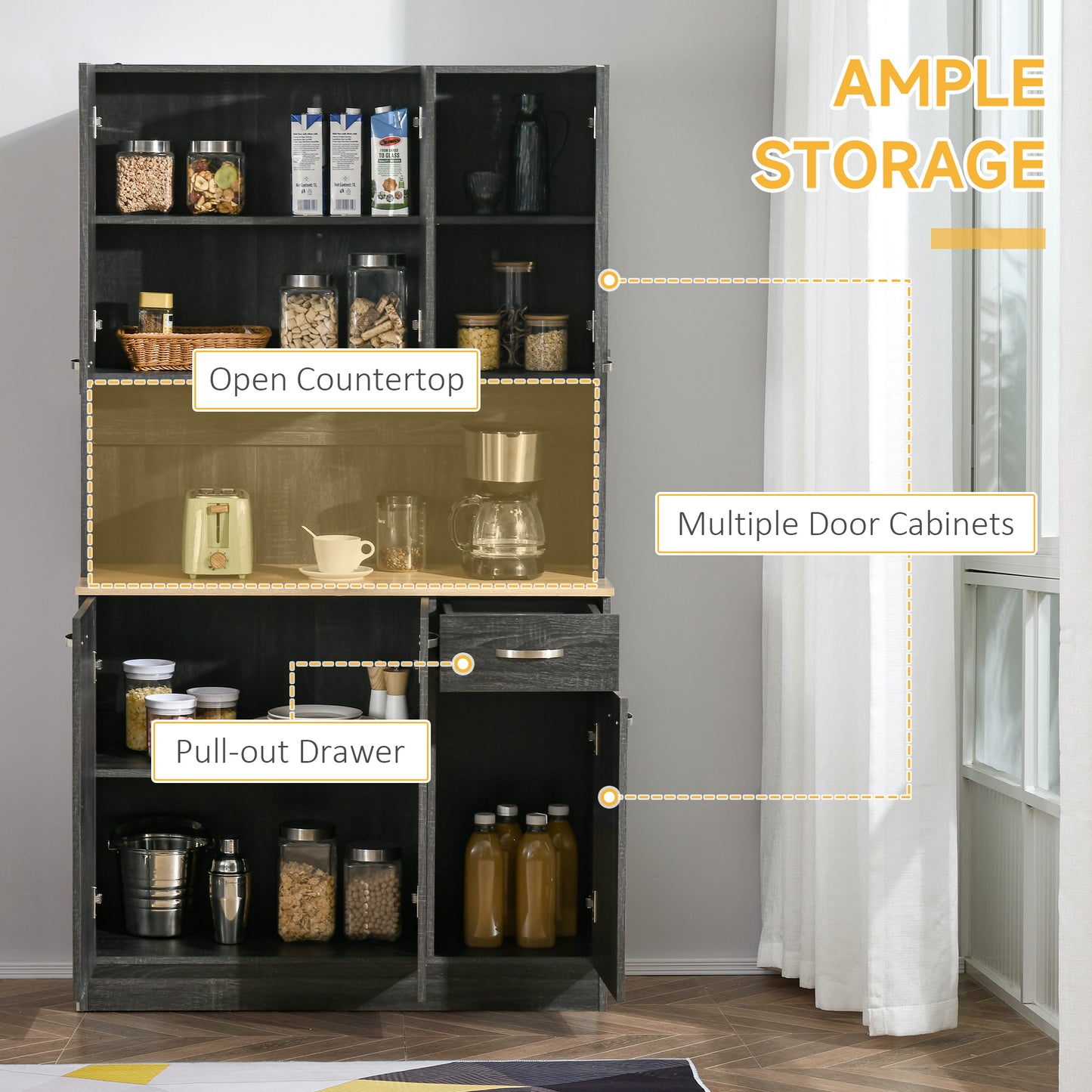 71" Kitchen Buffet with Hutch, Freestanding Kitchen Cabinet with Doors, Drawers, Microwave Counter, Black