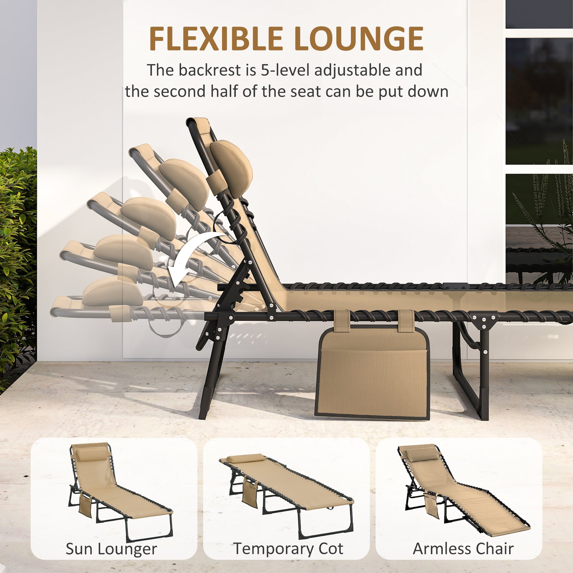 Outdoor Folding Chaise Lounge, Reclining Lounge Chair with Adjustable Backrest and Removable Pillow, Beige