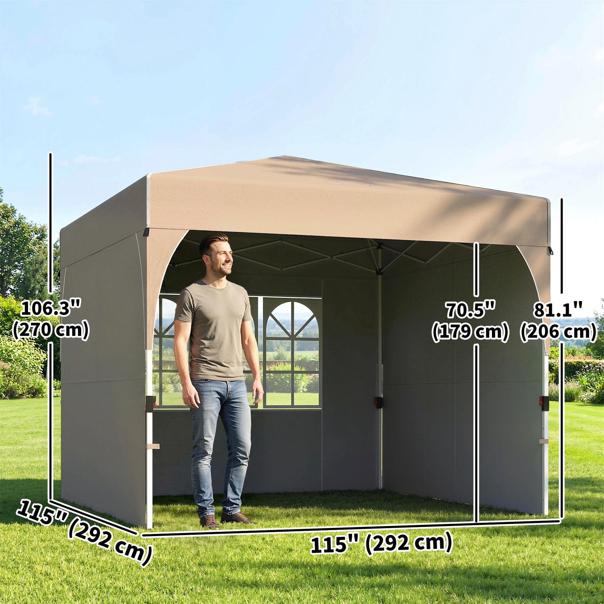 9.6 x 9.6 ft Pop Up Canopy Tent with 3 Sidewalls, UPF 50+ 1-Button Push Easy Setup Outdoor Instant Canopy, Khaki