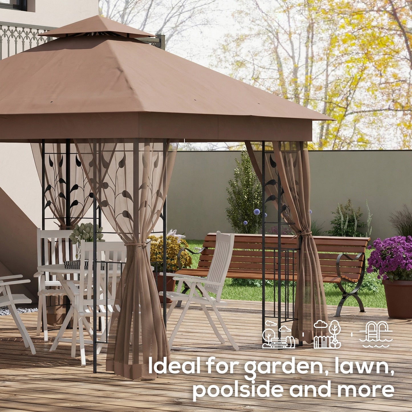 10'x10' Soft-top Steel Patio Gazebo Outdoor Sun Shelter with 2-Tier Polyester Roof, Curtain Sidewalls, Dark Brown