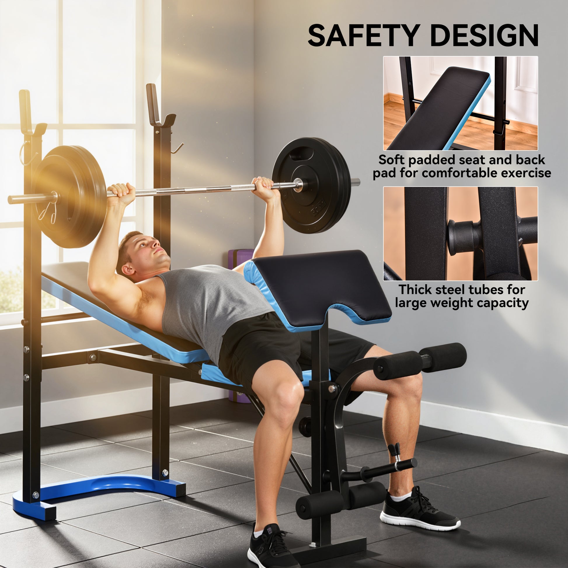 Soozier Adjustable Weight Bench with Barbell Rack and Leg Developer for Weight Lifting and Strength Training Multifunctional Workout Station for Home Gym Fitness, Black