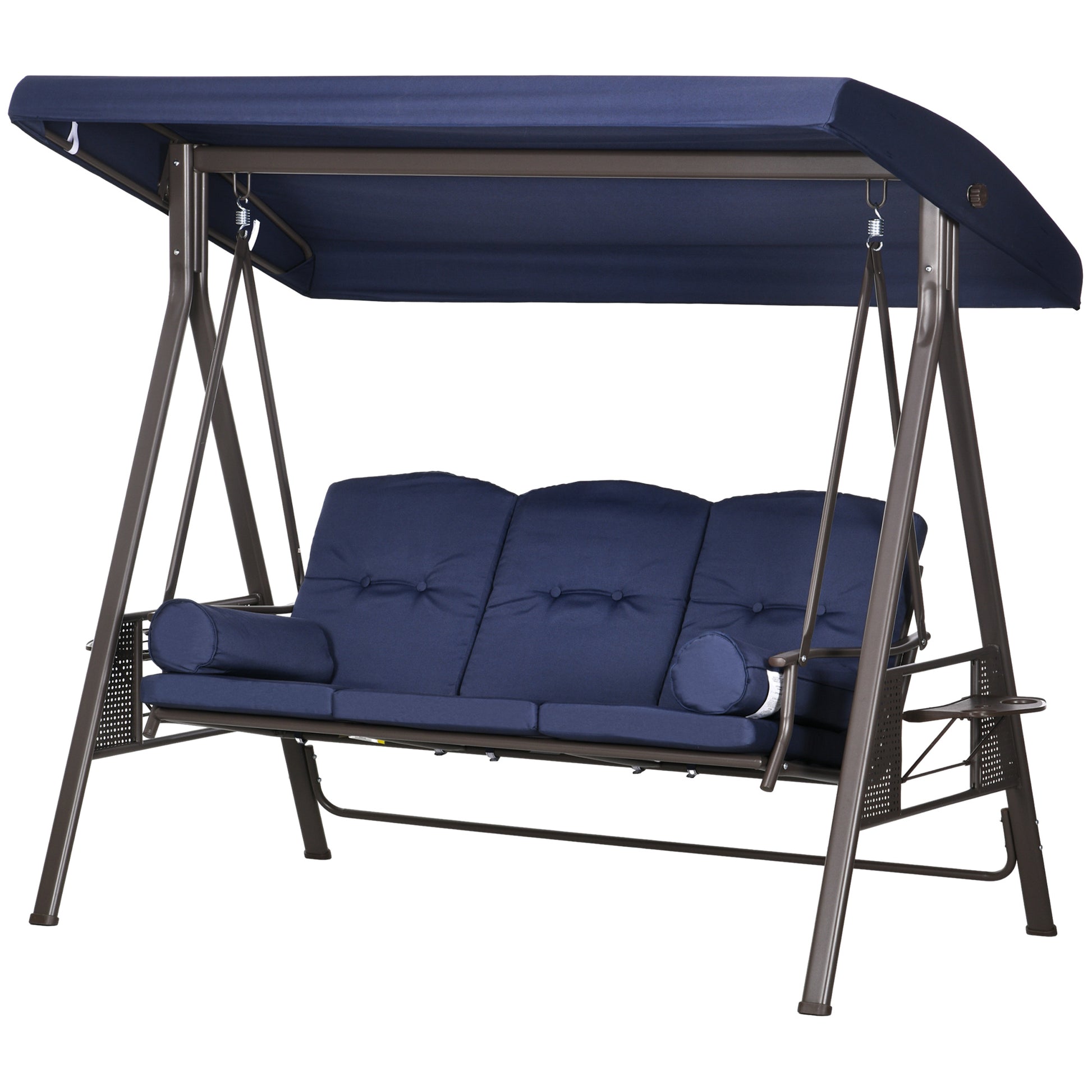 Outdoor Patio 3-Person Steel Canopy Cushioned Seat Bench Swing with Included Side Trays & Padded Comfort, Dark Blue