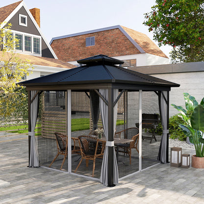 10' x 10' Hardtop Gazebo, Sun Shelter with Double Tier Metal Roof, Mosquito Netting, and Hanging Hook, Light Grey