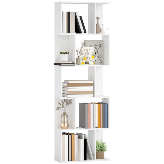 5-Tier Geometric Bookshelf, S Shaped Bookcase, Modern Freestanding Display Shelf Unit for Home Office, White