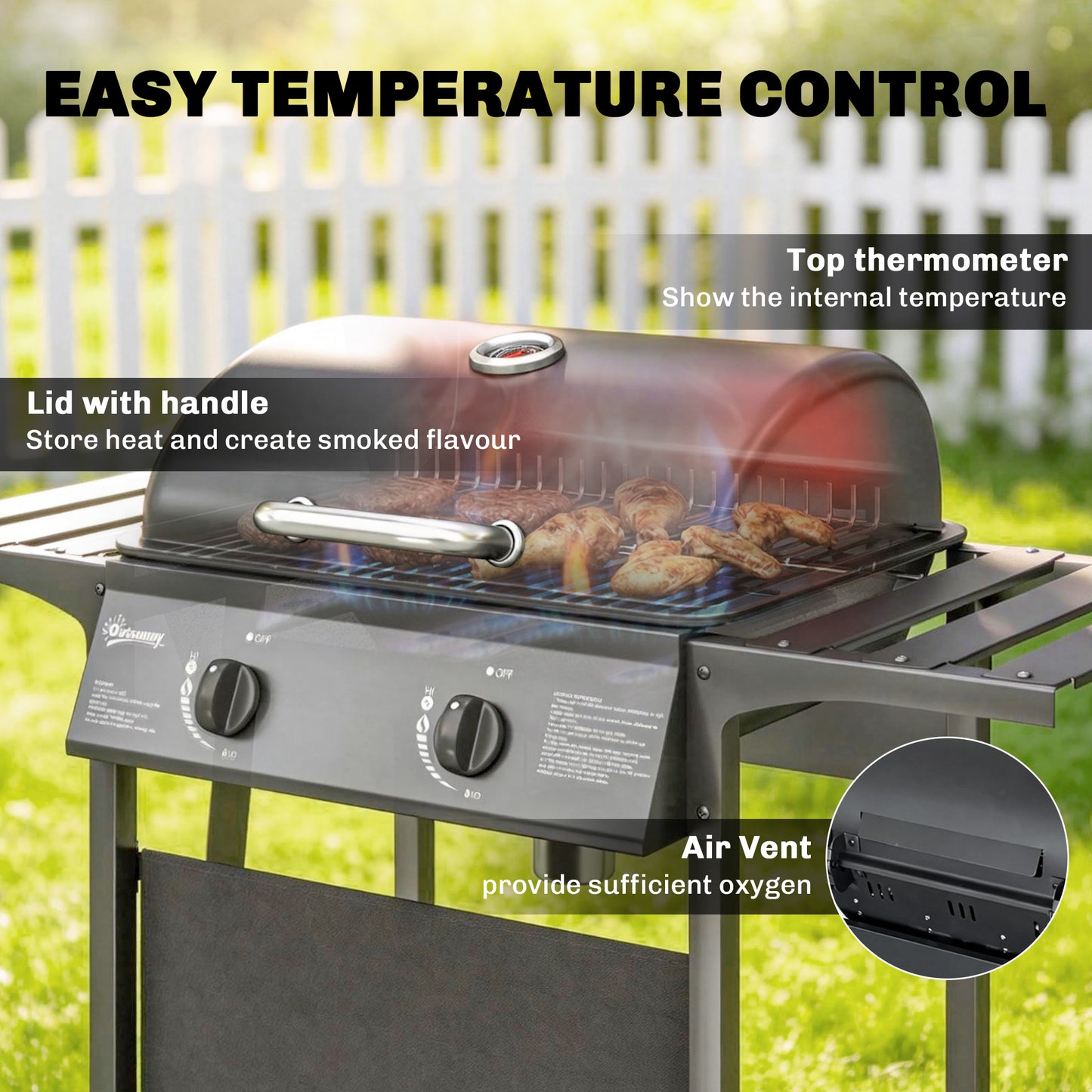 2-Burner Propane Gas Grill, 18000 BTU BBQ Grill with Wheels, Warming Rack, Shelf, Thermometer, Grease Cup, Black